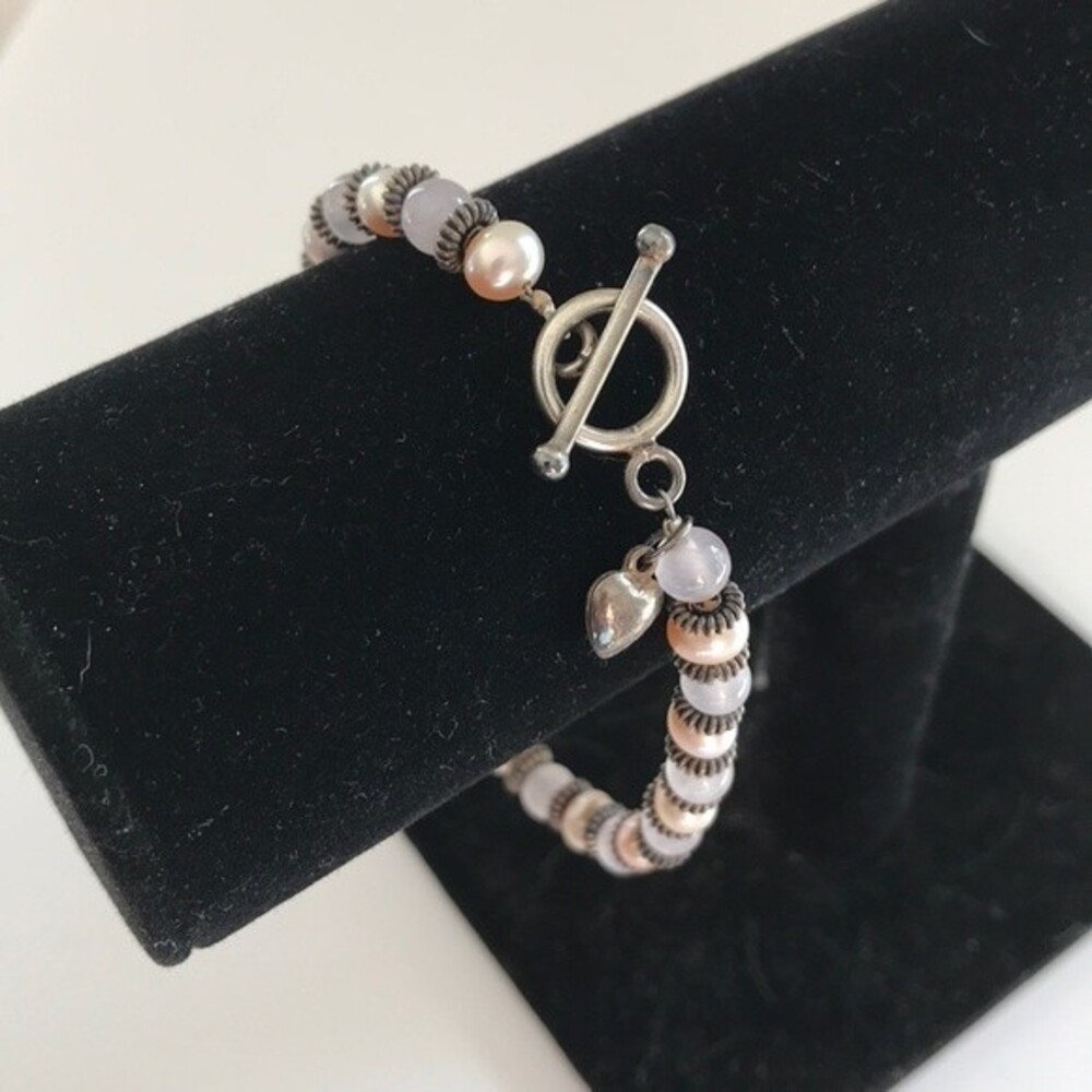 Vintage Handmade Mauve Pearls Rose Quartz Sterling Silver Charm Toggle Bracelet - Picture 3 of 9